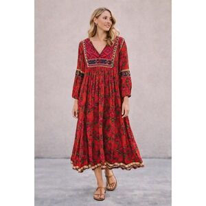 Free People Red Floral Embroidered Boho Midi Dress Long Sleeve V-Neck M/L